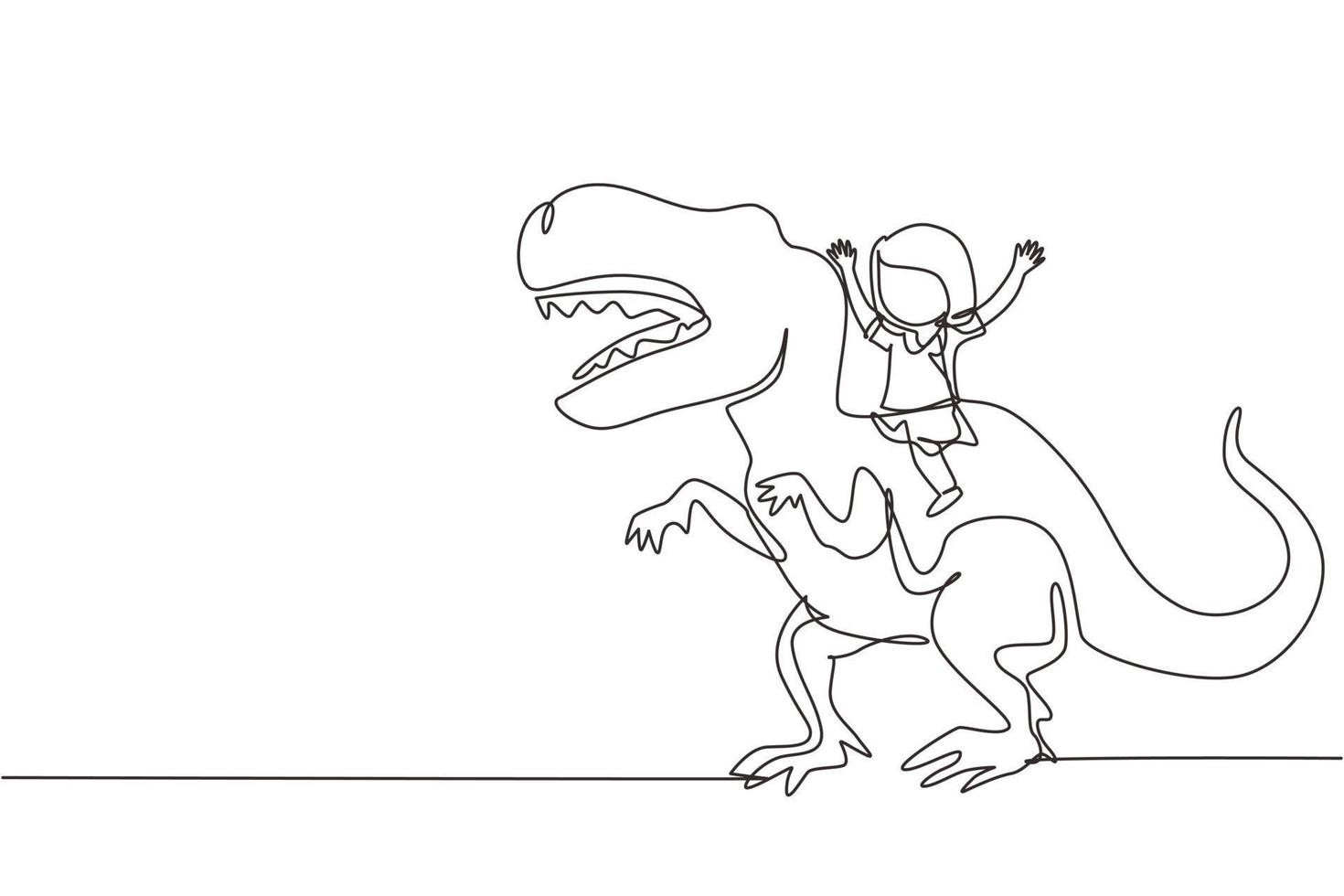 única linha contínua desenho menina caveman montando t-rex tiranossauro.  jovem sentado nas costas do dinossauro. crianças da idade da pedra. vida  humana antiga. uma linha desenhar ilustração em vetor design gráfico 8990188